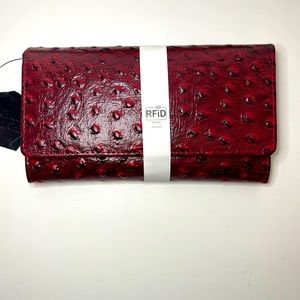 New with tags 100% Genuine Leather Ostrich Embossed RFiD Wallet- Burgundy